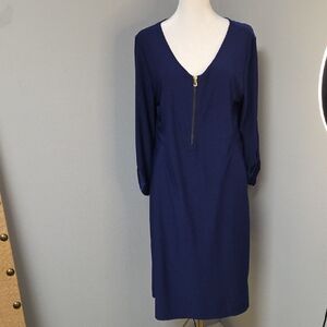 Navy Blue V-Neck Sheath Dress with 3/4 Sleeves